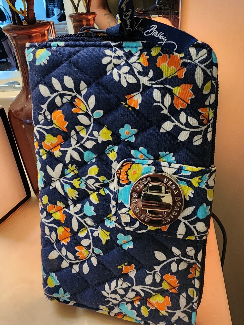 Vera Bradley Navy Quilted Floral Phone Wallet with Turn-Lock